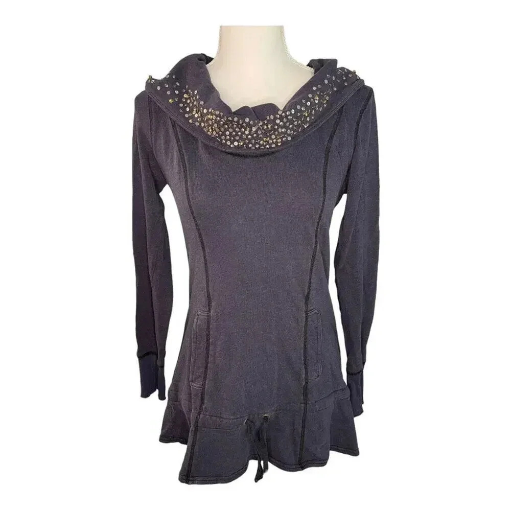 Free People Women’s XS Navy Blue Bedazzled Maxi Sweatershirt